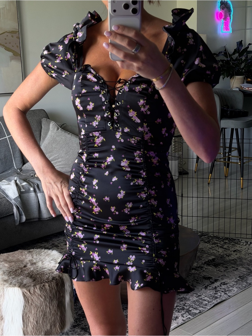 For Love and Lemons Black Floral Lace-Up Ruched Mini Dress